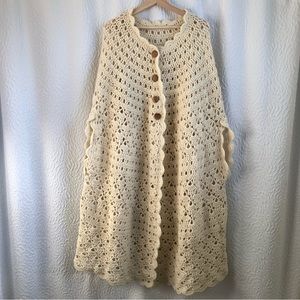 Handmade Cream Crochet Wool Knit Oversized Button Up Sweater Cape